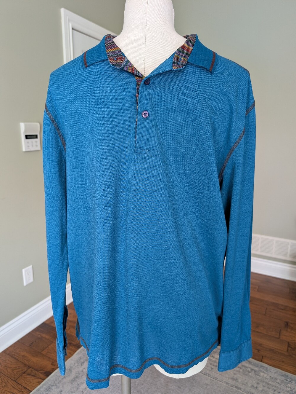 Bugatchi Uomo Mercerized Cotton Long Sleeve Polo Shirt Blue Luxury Golf Top L